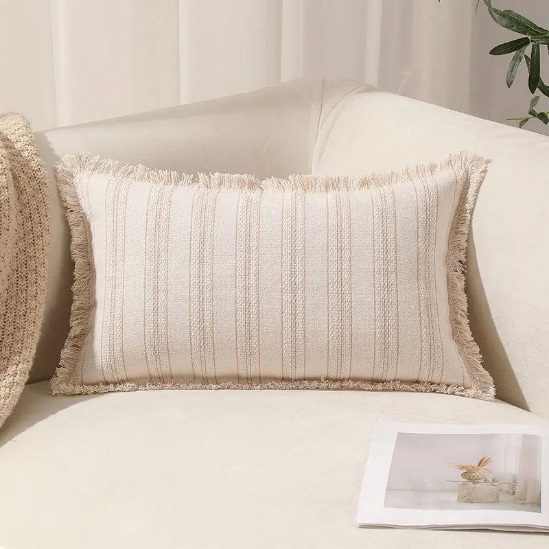 Boho Fringed Edge Striped Pillow Covers 30x50 for Living Room Sofa by Axyaa
