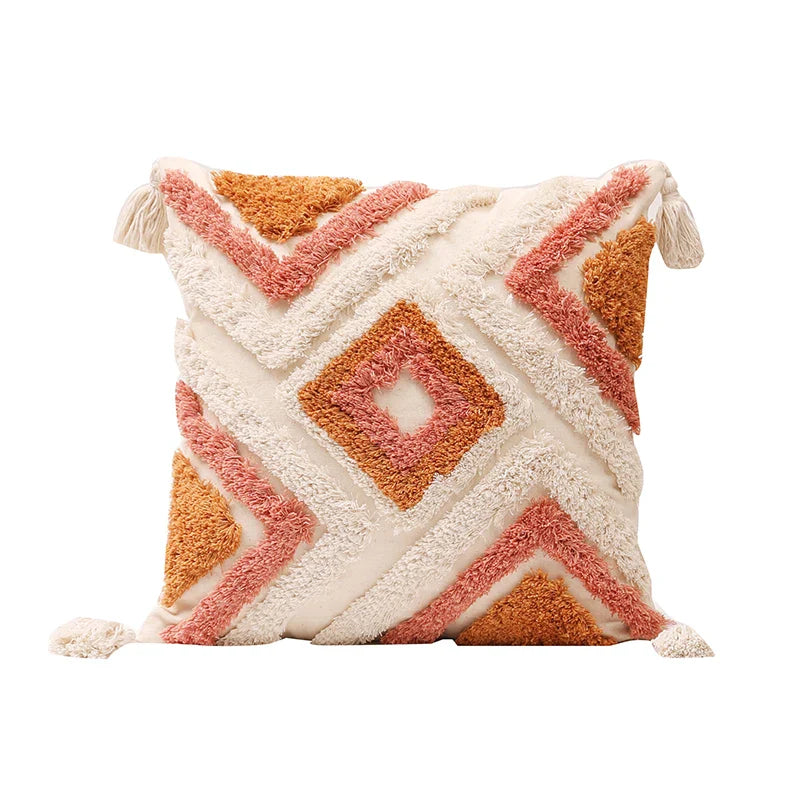 Axyaa Tufted Tassel Boho Cushion Cover in Warm Colors