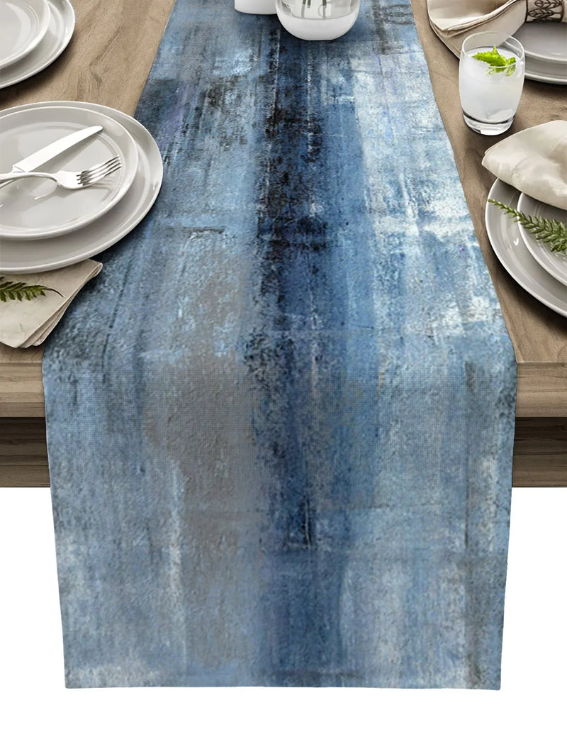 Axyaa Blue Dahlia Oil Painting Table Runner - Home Dinner Table Decor