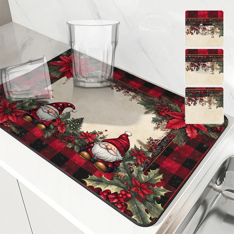 Christmas Dwarf Gift Poinsettia Drying Mat by Axyaa - Non-Slip Absorbent Kitchen Mat