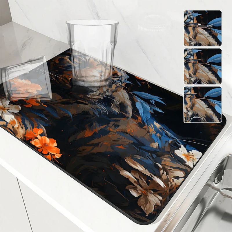 Axyaa Tiger Plant Flowers Drying Mat: Non-Slip Absorbent Tableware Mat