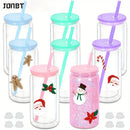 Axyaa 16oz Double Wall Snowglobe Mason Jar Cups with Straw - Set of 8