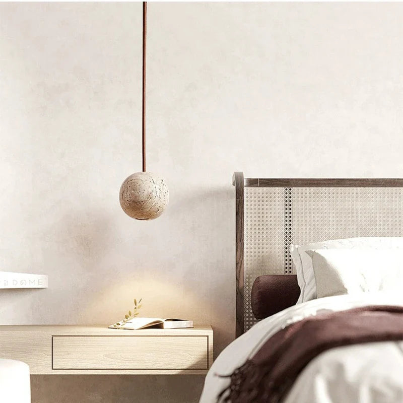 Axyaa Stone Yellow Travertine LED Pendant Chandelier - Small Round Nordic Bedroom Light