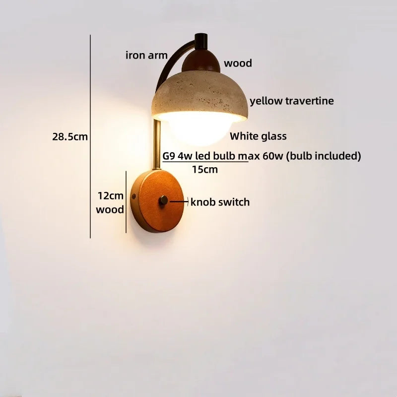 Axyaa LED Wall Lights Bathroom Decor Pull Chain Switch Black Iron Yellow Travertine
