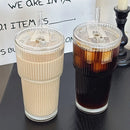 Axyaa Striped Glass Coffee Cup with Straw, Large Capacity Cold Drink Cup