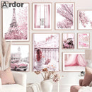 Pink Flower Balcony Tower Paris Wall Art Print by Axyaa - Nordic Canvas Painting