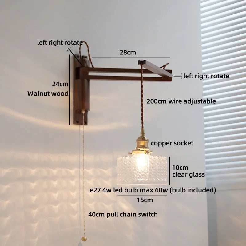 Axyaa Clear Glass LED Wall Sconce with Arm, Black Walnut Wood Stair Light