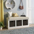 Rustic Shoe Bench with 3 Baskets, Cushion, and Cabinet by Axyaa