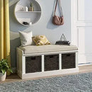 Rustic Shoe Bench with 3 Baskets, Cushion, and Cabinet by Axyaa