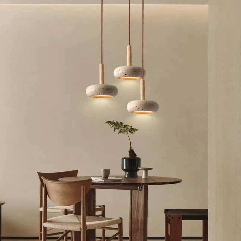 Axyaa Yellow Travertine Pendant Chandelier: Natural Stone & Wood Nordic Hanging Lights