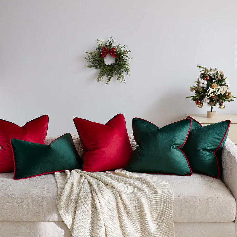 Axyaa Christmas Red Green Velvet Cushion Cover with Contract Piping - 45x45cm