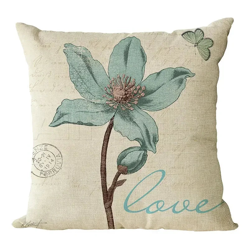 Axyaa Retro Flowers Butterfly Linen Pillow Cover for Living Room Sofa - 45x45cm
