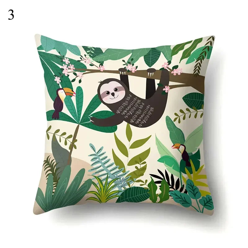 Sloth & Tropical Plants Printed Pillow Cover by Axyaa