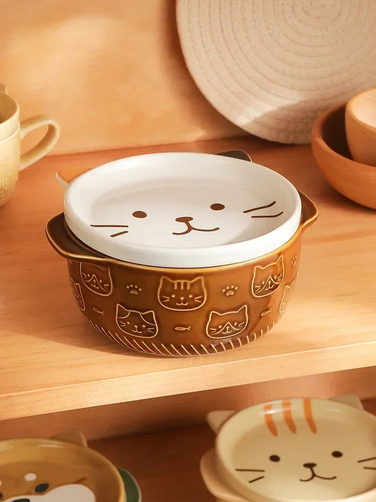 Axya Ceramic Cat Dog Noodle Bowls With Lids - Cute Animal Soup Salad Fruit Bowl