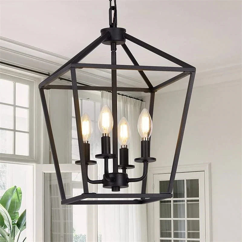 Axyaa Retro Industrial Bird Cage Candle Chandelier in Black Wood Color