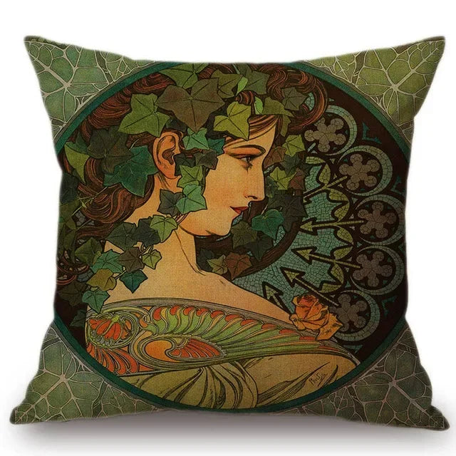 Axyaa Art Nouveau Mucha Gallery Cushion Cover - Beautiful Girl Pattern Linen Pillowcase