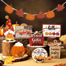 Axyaa Rustic Fall Farmhouse Decor Set: Pumpkin Leaf Garland, Autumn Tabletop Signs