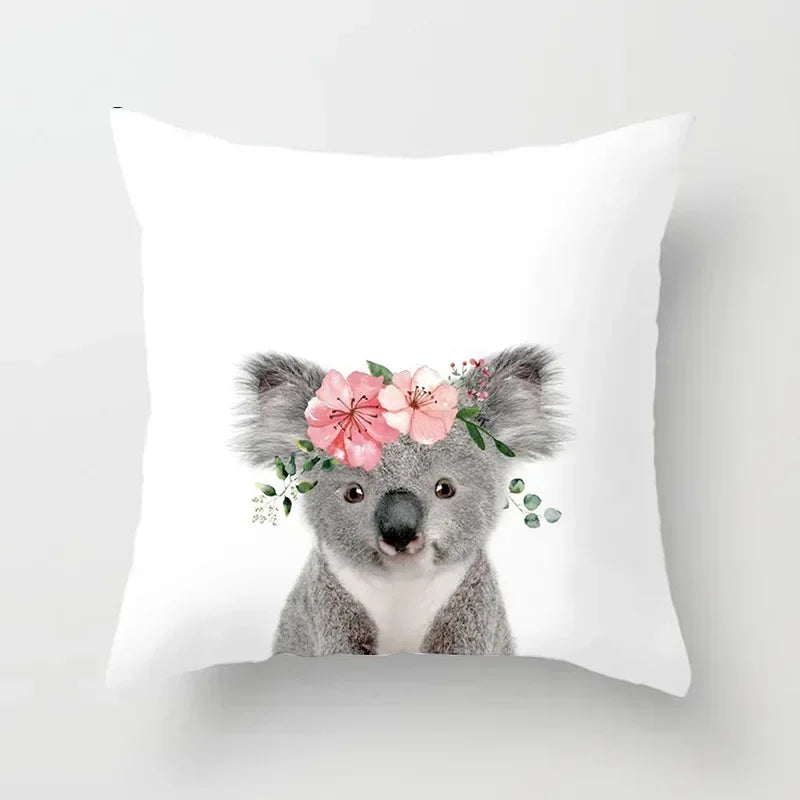 Cute Animals Print Decor Pillowcase by Axyaa - Pink Flower Theme