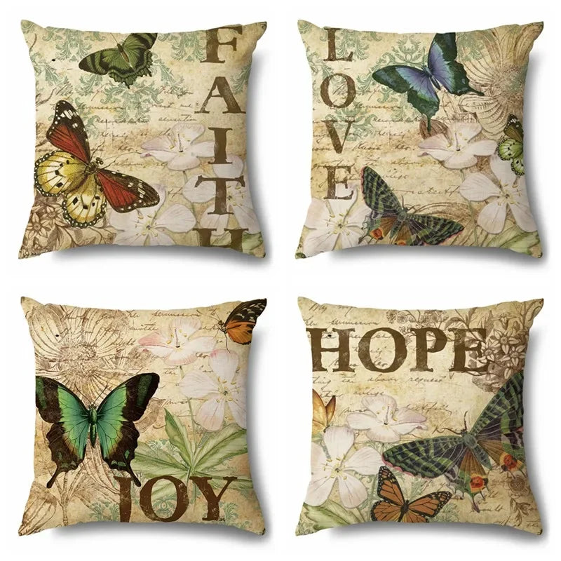 Axyaa Rose Butterfly Print Cotton Linen Pillowcase for Modern Living Room Decor