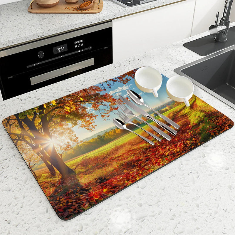 Axyaa Autumn Scenery Coffee Mat - Quick Dry Dish Draining Pad