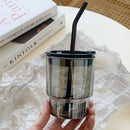 Axyaa Coloured Glass Tumbler Cup with Lid & Straw - 400ml Grey Amber Glass