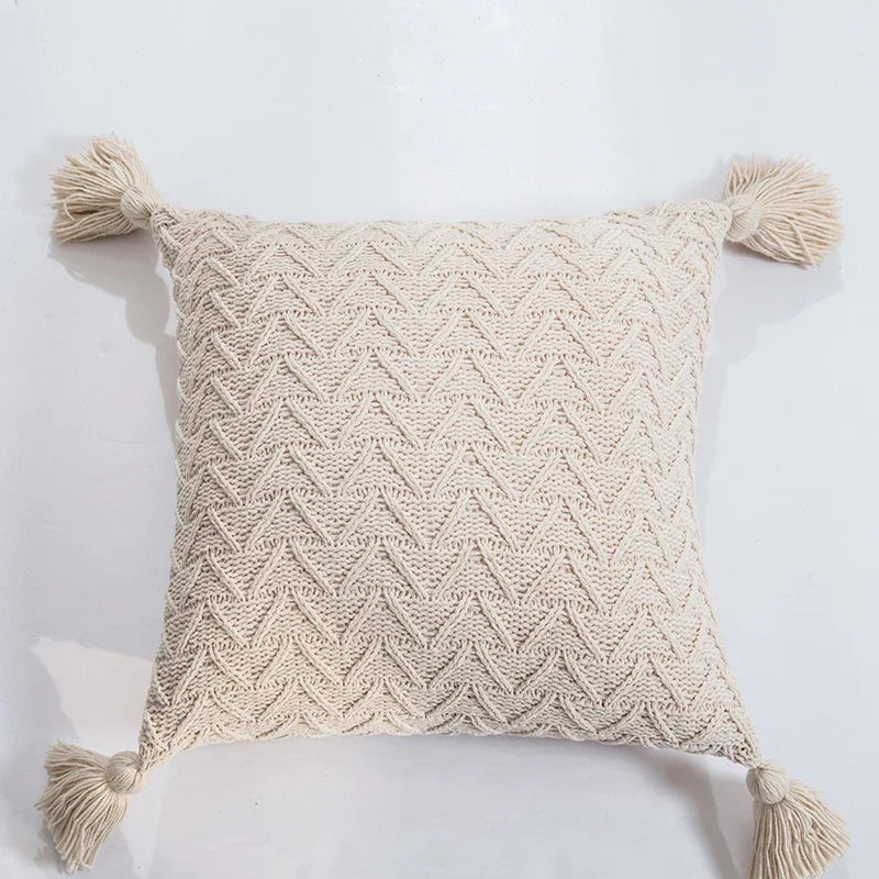 Axyaa Soft Knit Cushion Cover 45x45cm Solid Pillow Case with Tassels