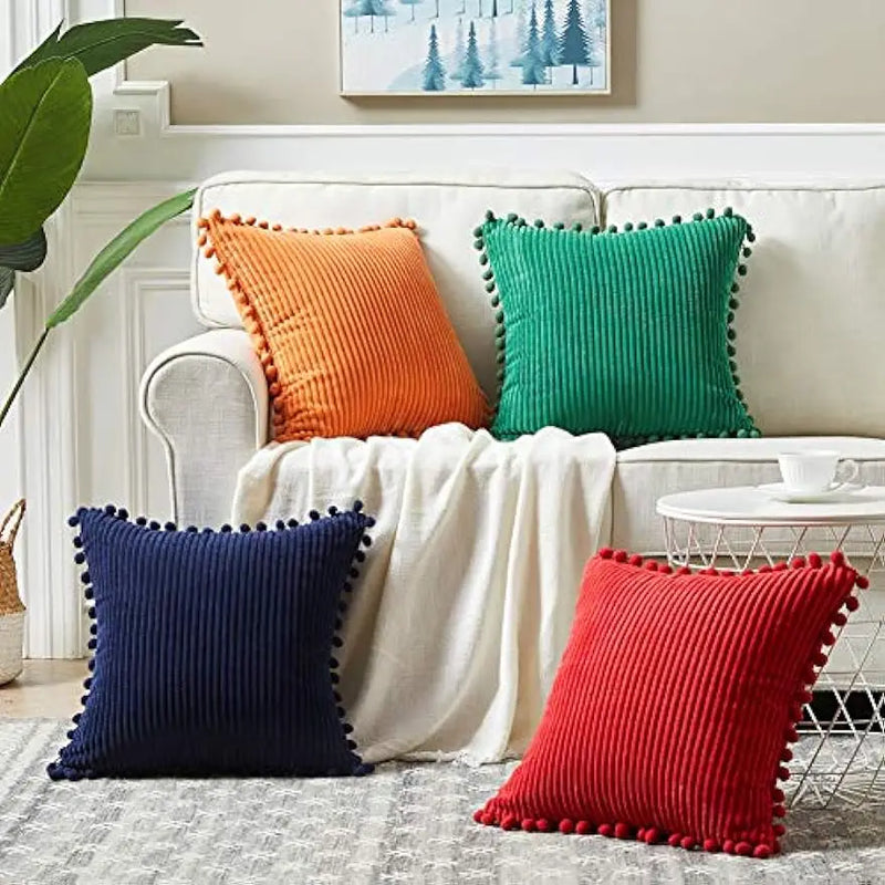 Axyaa Velvet Pillow Covers with Pom-poms - Orange Fall Decor for Sofa