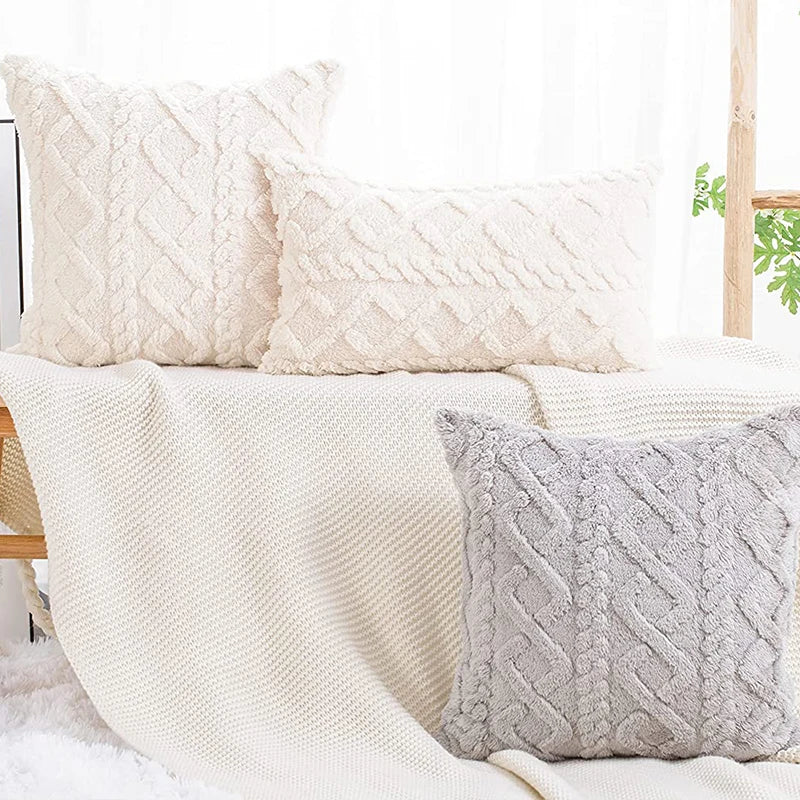 Fuzzy Short Wool Fleece Throw Pillow Cover for Sofa, Axyaa Branded Square Patterned Plush Cushion
