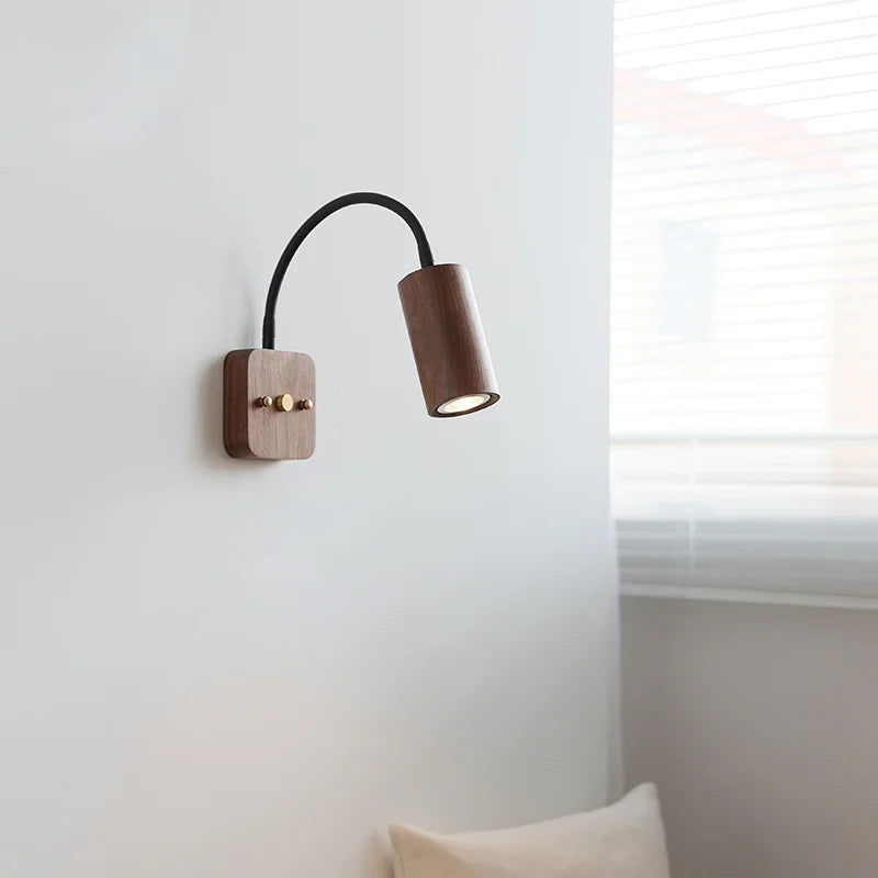 Axyaa Walnut Wood LED Wall Lamp 30cm Black Hose, Modern Nordic Design