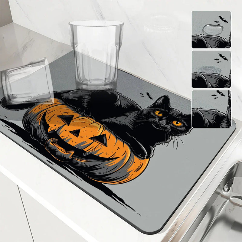 Halloween Cat Pumpkin Head Absorbent Drying Mat for Kitchen Table by Axyaa