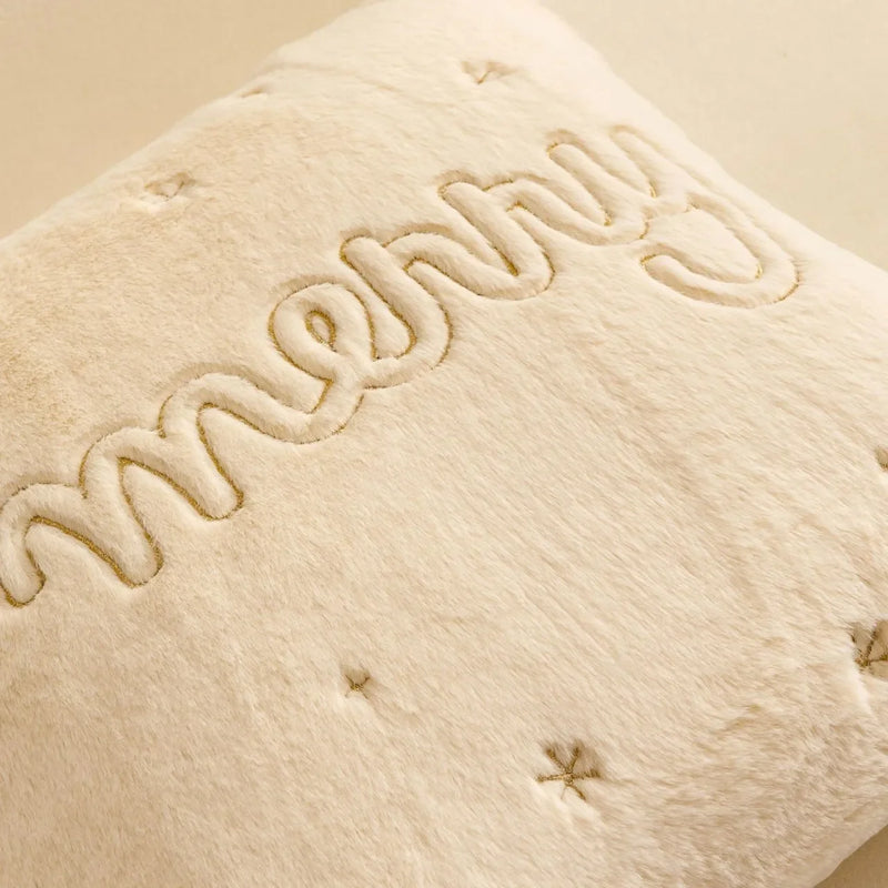 Axyaa White Faux Rabbit Fur Christmas Pillow Cover, Gold Snowman Snowflakes Embroidery