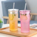 Axyaa Glass Cup with Lid & Straw, Transparent Stripe Mug for Milk Coffee Juice Tea