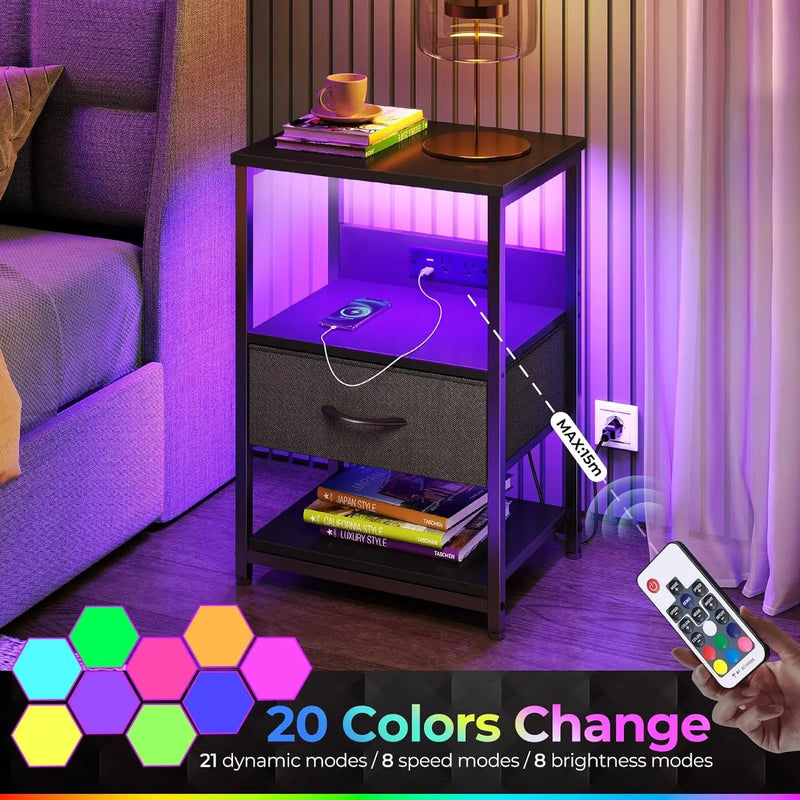 Axyaa LED Nightstand with Charging Station - Stylish and Functional Bedside Storage