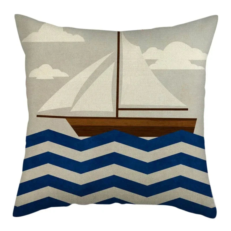 Marine Ship Print Linen Pillow Cover for Home Sofa Decor Axyaa
