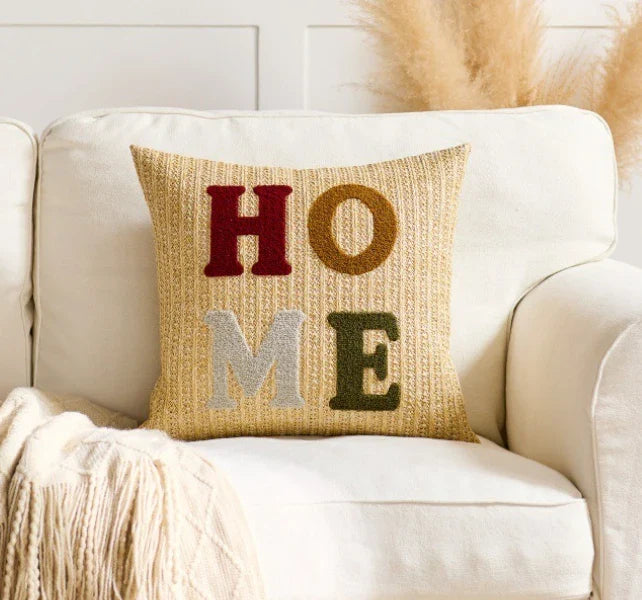 Embroidered Happy Home Pillow Cover by Axyaa for Living Room & Bedroom