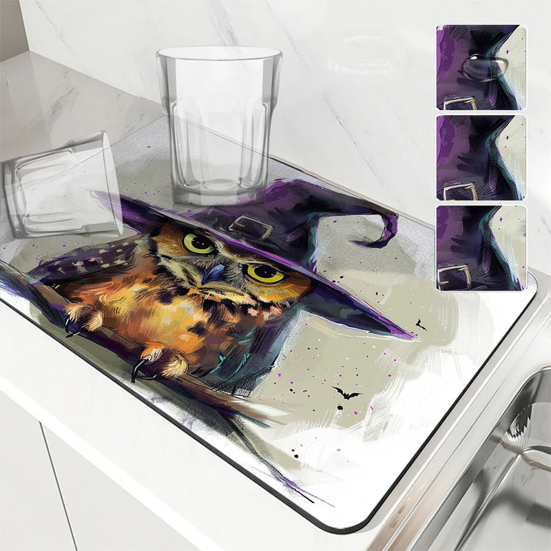 Axyaa Halloween Owl Hat Kitchen Draining Mat: Absorbent, Anti-slip, Quick Dry Pad