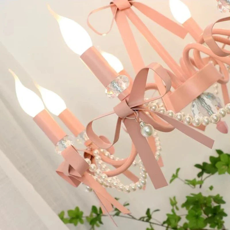 Axyaa Pink Chandelier Bow Pendant Lights for Romantic Home Decor
