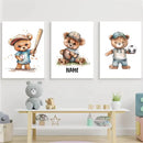 Axyaa Teddy Bear Sports Custom Name Nursery Wall Art Canvas Print Kids Room Decor