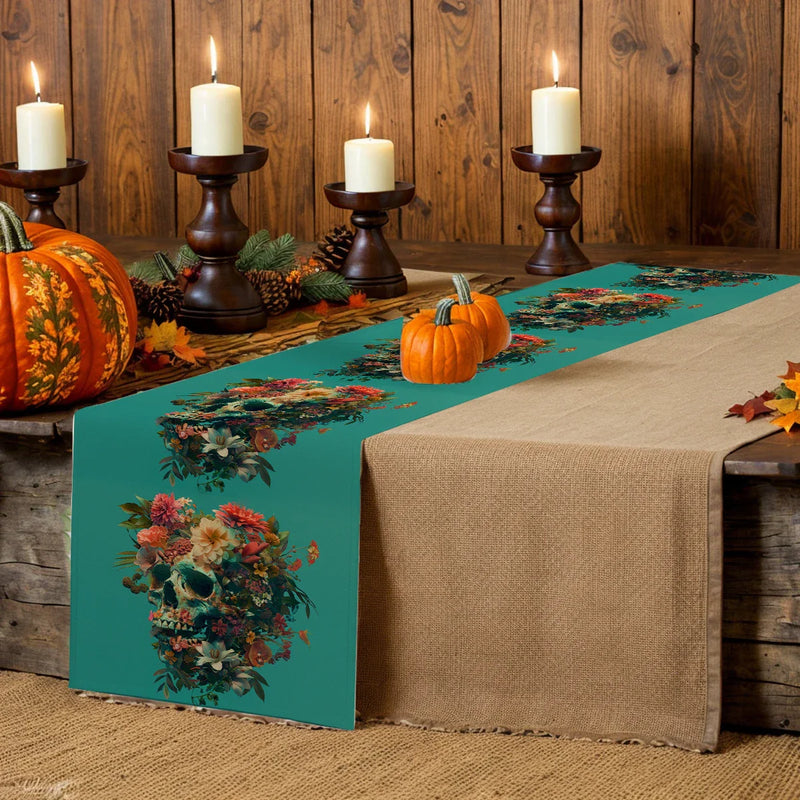 Skull Flower Table Runner: Rustic Axyaa Decor for Dining, Wedding, Party