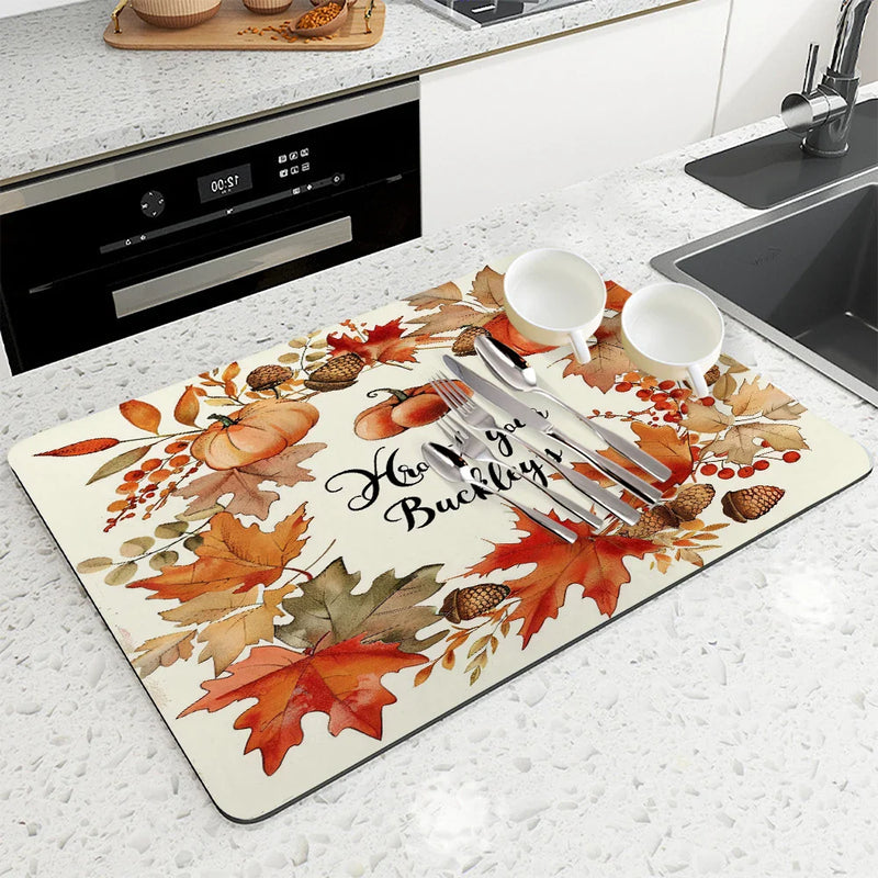 Axyaa Autumn Pumpkin Pine Kitchen Mat • Absorbent & Antiskid • Quick Drain & Tableware Mat