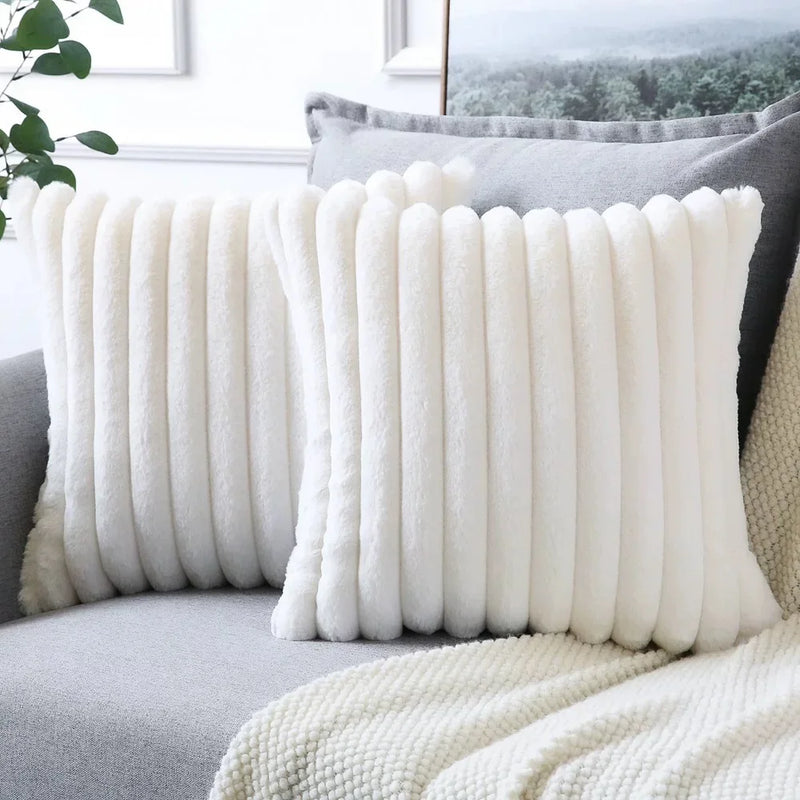 Axyaa White Green Rabbit Hair Cushion Cover Set - Modern Luxury Sofa Pillows
