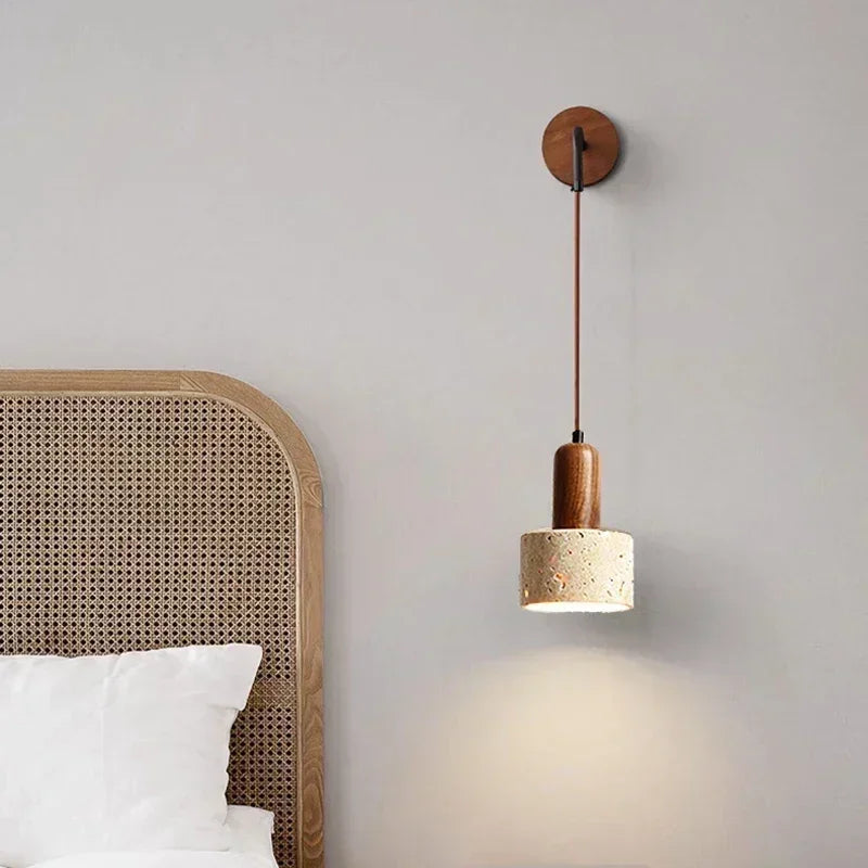 Wabi Sabi Natural Stone Wall Lamp, Retro Peach Wood Color, LED Sconce Light