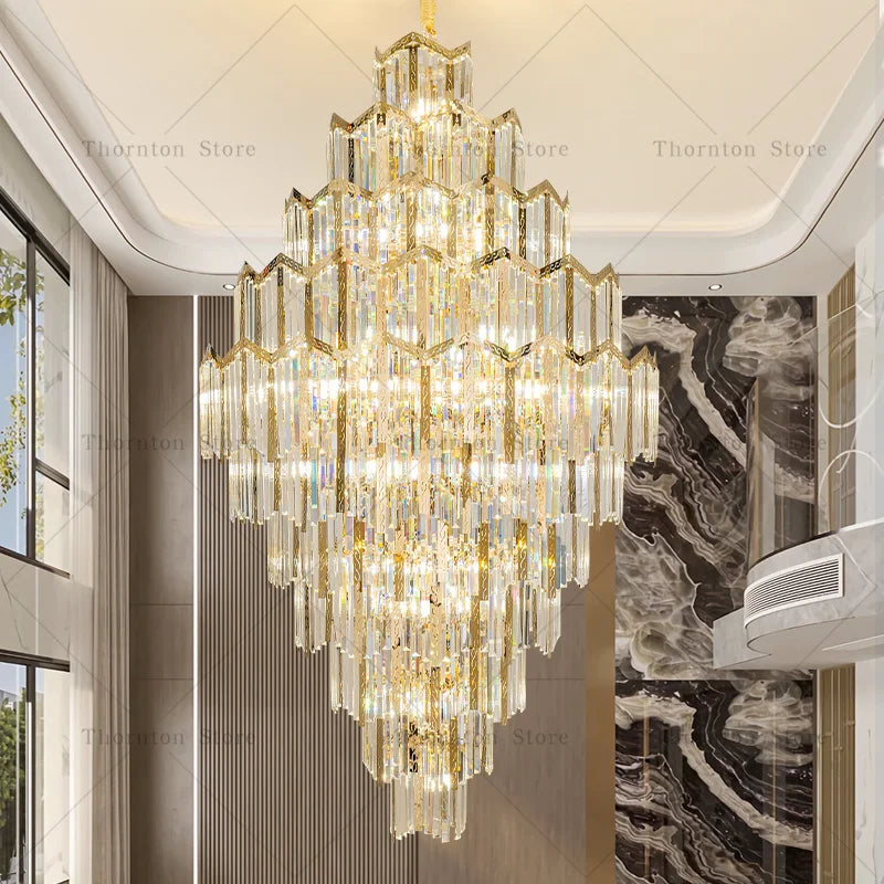 Axyaa Rotating Crystal Chandelier: Luxury Stair Light for Duplex Villas