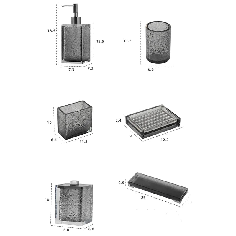 Axya Transparent Gray Bathroom Set: Mouthwash Cup, Storage Tray, Soap Dispenser & Accessories