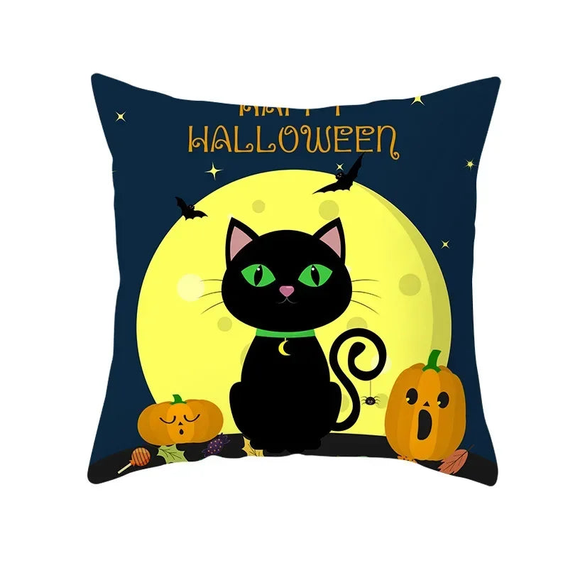 Axyaa Black Cat Pumpkin Cushion Cover 45x45 cm - Home Decor Funny Printed Pillow Case