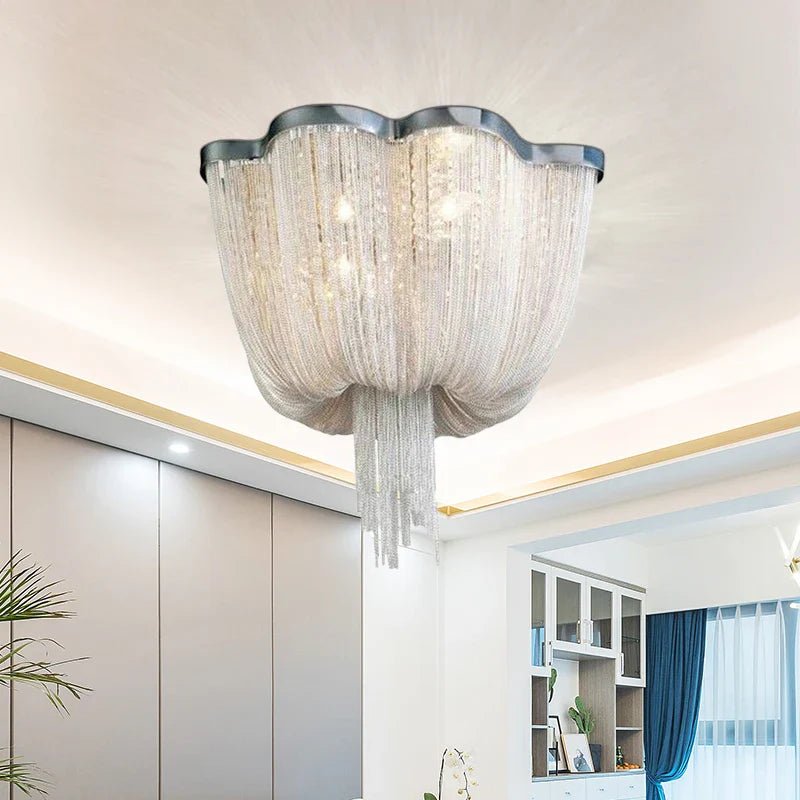 Axyaa Chrome Art Luxury LED Ceiling Lamp with Chain Tassel Aluminum Design