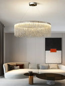 Axyaa Tassel Chandelier LED Light Silver Round Fixture for Dining Living Bedroom