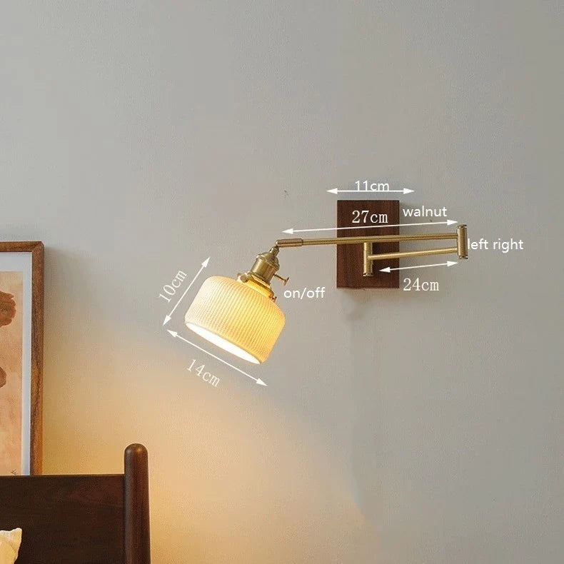 Axyaa Walnut Ceramic LED Wall Lamp with Copper Arm, Rotate, Pull Chain Switch