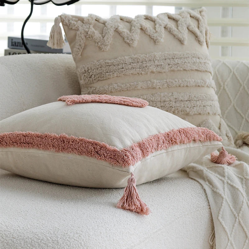 Axyaa Pink Tufted Tassel Linen Cushion Cover for Home Sofa Decor 45x45