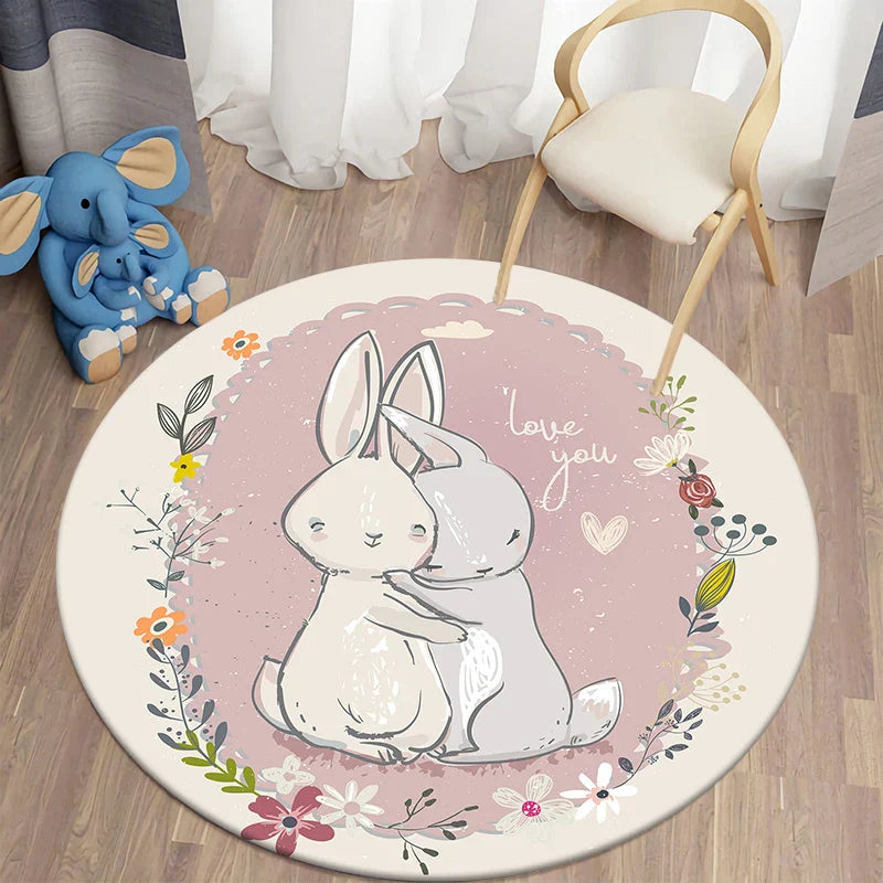 Round Rabbit Print Rug for Kids' Room | Axyaa's Cartoon Rabbit Mat